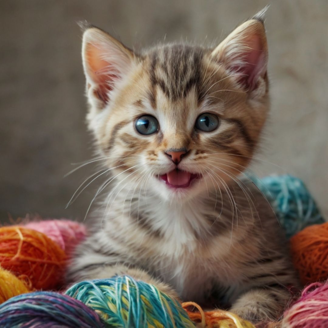 A kitten sitting in a pile of colorful yarn A kitten sitting in a pile of colorful yarn