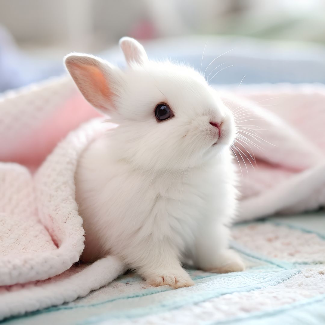 a small rabbit sitting on top of a blanket a small rabbit sitting on top of a blanket